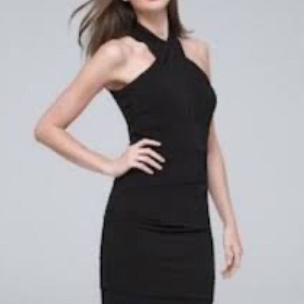 White House Black Market instantly slimming black twist halter bodycon dress